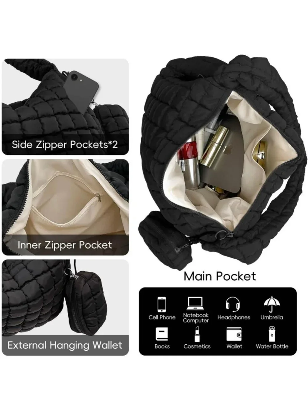 Large Quilted Puffer Tote Bag with Pouch | Stylish Puffy Hobo & Crossbody Purse